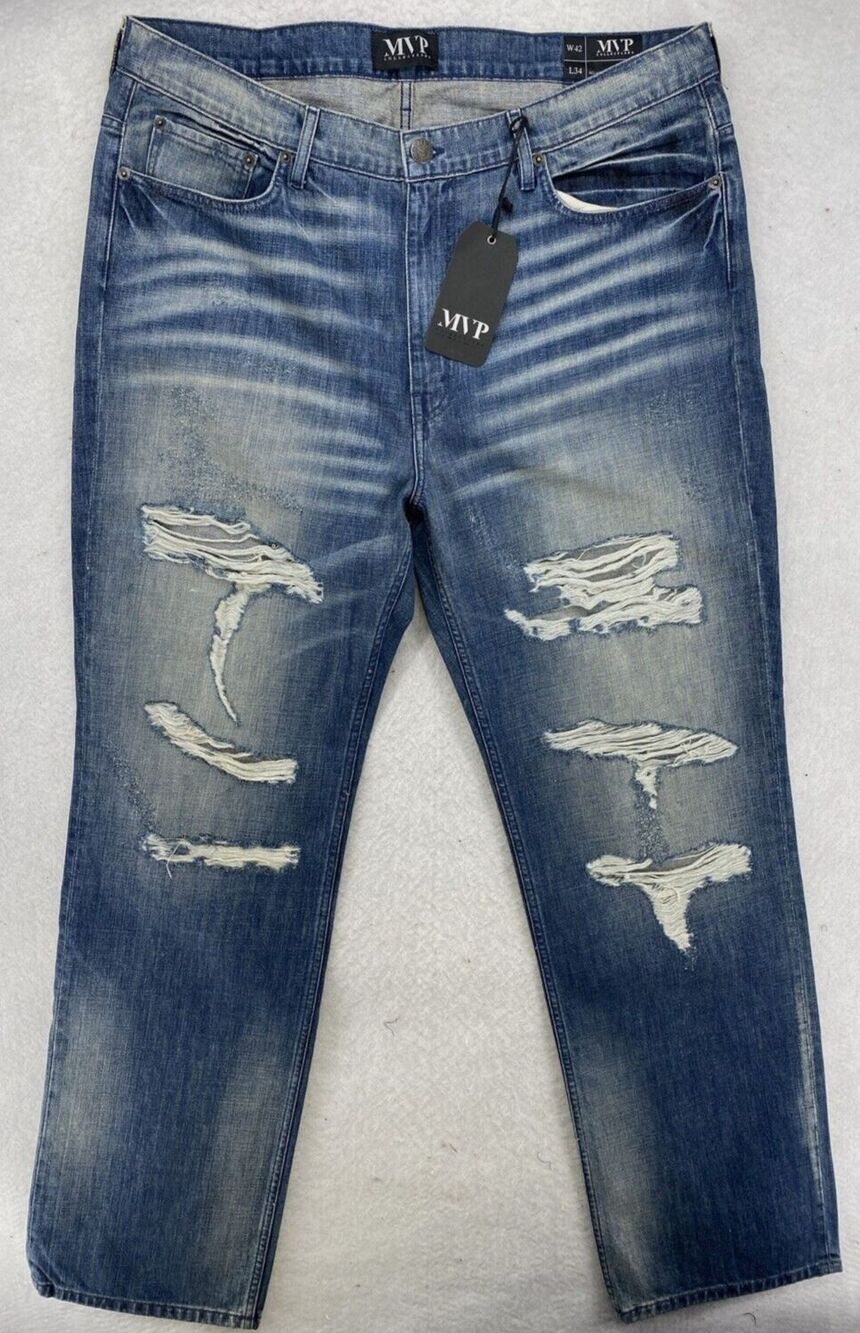 MVP Collections Men's 42x34 Relaxed Straight Stretch Distressed Blue Jeans USA